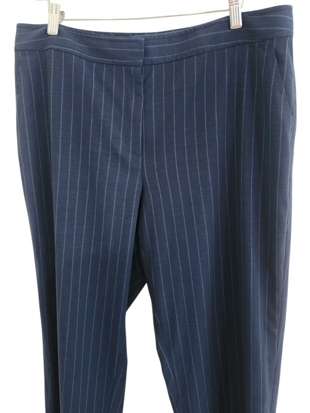 St. John Wool Silk Pinstripe Tailored Trousers Navy Size 14 Made in USA - Picture 3 of 10